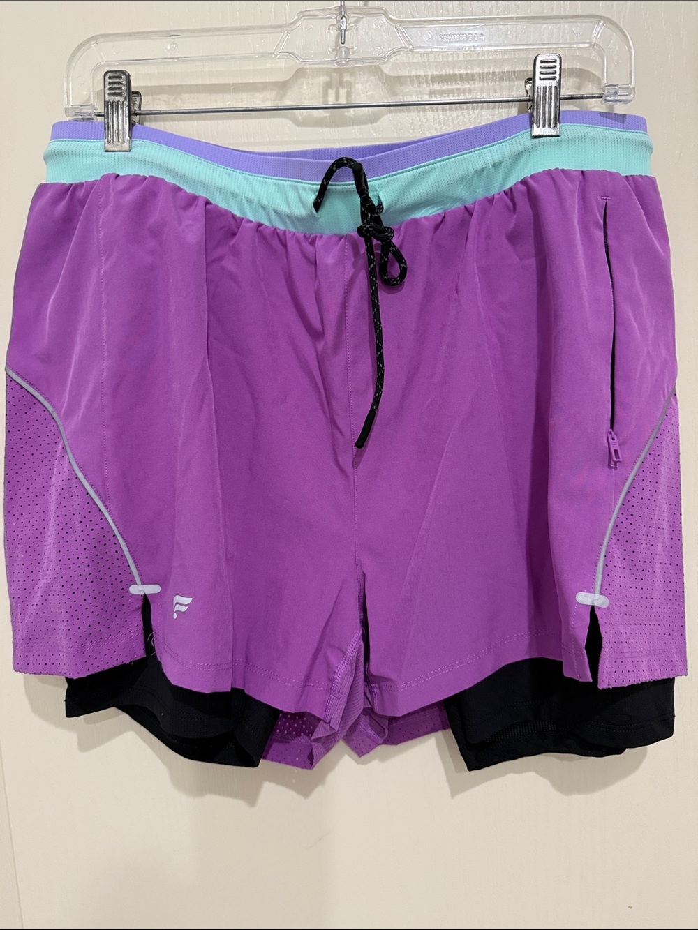 Fabletics Purple Athletic Shorts with Mint Waistband and Black Liner
